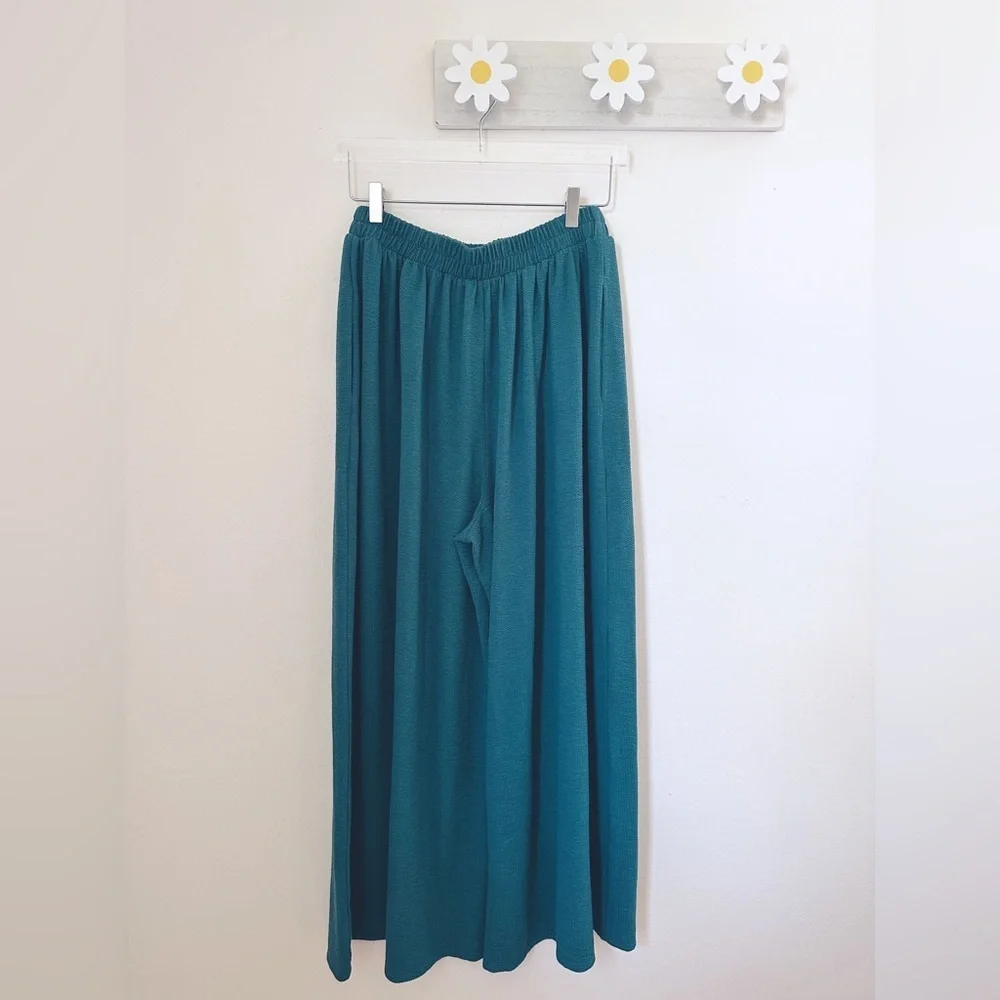 Free People Beach Talk to me Co-ord Green Wide Leg Gauze Pants Elastic Waist